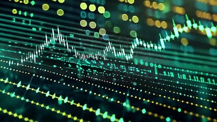 Poster - Digital Stock Market Ticker Vibrant Green Data Trends and Glowing Network Technology for Dynamic Finance Insights