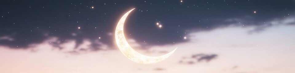 Poster - A serene crescent moon against a twilight sky filled with stars.