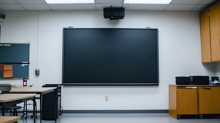 Poster - Empty classroom with interactive whiteboard, desks, and projector.