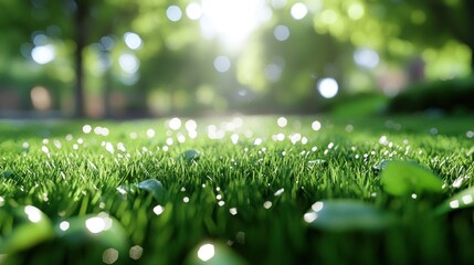 Wall Mural - Lush green grass with sunlight bokeh.