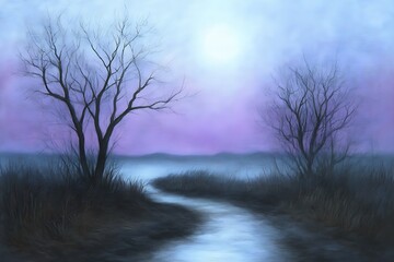 Poster - A serene landscape at twilight with bare trees and a winding path.