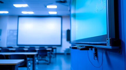 Poster - Empty classroom with interactive whiteboard and projector screen.