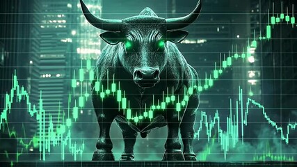 Poster - Glowing Green Bull Statue Symbolizing Financial Growth and Market Optimism on Digital Graph Platform