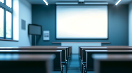 Poster - Empty modern lecture hall with projector screen and rows of chairs.