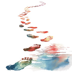 Sticker - A watercolor vector of a trail of footprints leading to the water, isolated on a white background. Footprints vector.
