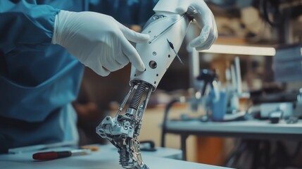 Poster - Innovative robotics workshop prosthetic limb development tech lab visual content indoor close-up future of medicine