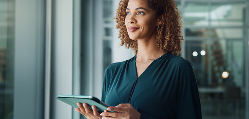 Poster - Happy woman, tablet or thinking at window for business, future or pride for career development. Person, tech or reflection in office for decision, opportunity choice or online response for networking