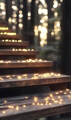 Poster - A serene wooden staircase illuminated by soft glowing lights in a forest.