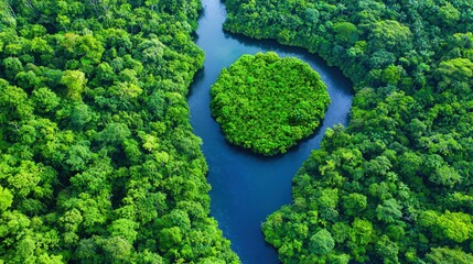 Sticker - Aerial view of a lush rainforest with a meandering river and a small island.