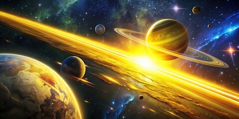 Wall Mural - Celestial Meteor Shower: Bright Yellow Glowing Meteorite Amongst Planets, Space Photography, Cosmic Art, Galaxy Background