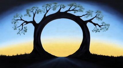 Poster - A silhouette of two trees forming a circular arch against a sunset backdrop.