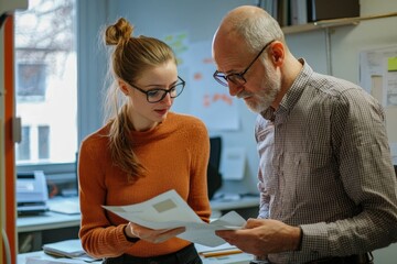 Employee explaining ideas to project manager in office.