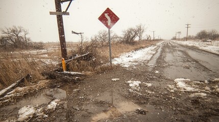 Sticker - Snowy, muddy road with curve sign, winter landscape.