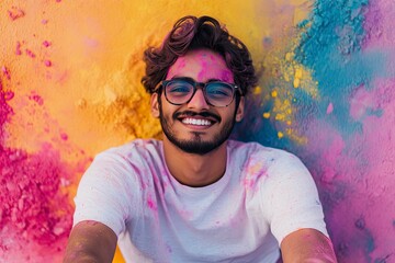 Canvas Print - A YOUNG MAN SITTING AROUND HOLI COLOURS LOOKING AT CAMERA AND SMILING 