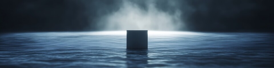 Poster - A solitary cube emerges from a misty, reflective surface in a dark environment.