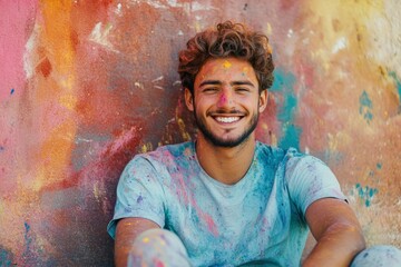 Canvas Print - A YOUNG MAN SITTING AROUND HOLI COLOURS LOOKING AT CAMERA AND SMILING 