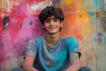 Wall Mural - A YOUNG MAN SITTING AROUND HOLI COLOURS LOOKING AT CAMERA AND SMILING 