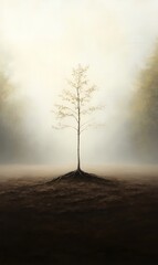 Poster - A solitary tree stands in a misty landscape, evoking tranquility and reflection.