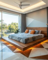 Poster - Modern bedroom design with platform bed and large windows vibrant patterns contemporary home bright atmosphere