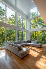 Poster - Modern living room design with sectional sofa and large windows minimalist aesthetic bright and airy environment