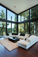 Poster - Modern living room design featuring sectional sofa and large windows in a minimalist aesthetic environment