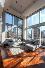 Poster - Modern living room design with sectional sofa city view interior photography bright and airy aesthetic