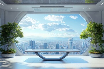 Poster - Futuristic office interior with bionic table panoramic city view daytime modern design vibrant environment
