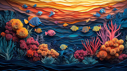 Wall Mural - Vibrant Papercut Coral Reef Scene with Colorful Fish