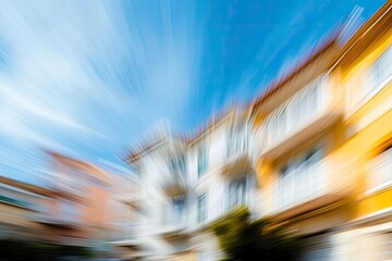 Wall Mural - Blured photo of a city building or multi-storey apartment with a blue sky 