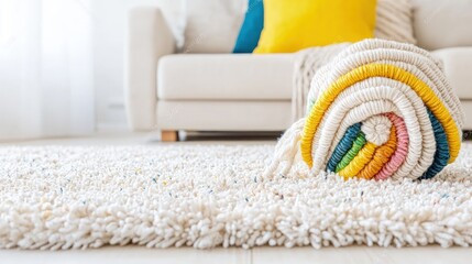 Wall Mural - Rolled colorful blanket on a fluffy white rug in a bright living room.