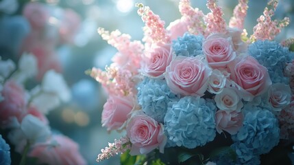 Wall Mural - Pink roses and blue hydrangeas bouquet.