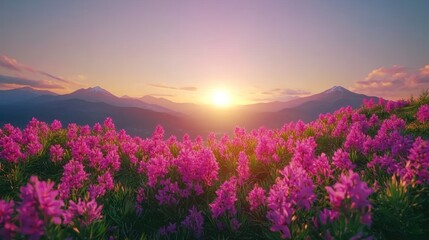 Wall Mural - Pink wildflowers blooming at sunrise in mountains.