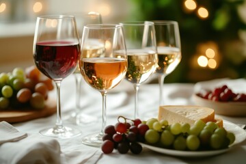 Poster - Elegant table setting with wine glasses, cheese platter, and assorted grapes for a festive gathering. Generative AI