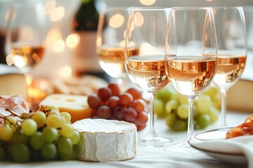 Poster - Elegant table setting with wine glasses, cheese platter, and fresh grapes for a delightful gathering. Generative AI