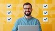 © NATTAPON - smile and productive concept. Smiling man with glasses working on a laptop against a vibrant yellow background.