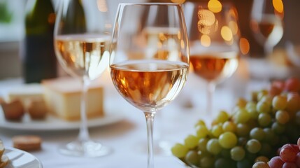 Poster - Elegant table setting with wine glasses, cheese platter, and fresh grapes for a festive gathering. Generative AI