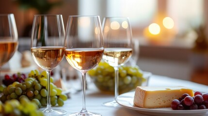 Aufkleber - Elegant table setting featuring wine glasses, cheese platter, and fresh grapes for a delightful gathering. Generative AI