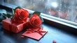 © Bejo Studio - Red roses, gift, and card by rainy window.