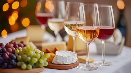 Poster - Elegant table setting with wine glasses and a cheese platter at a festive gathering during the evening. Generative AI