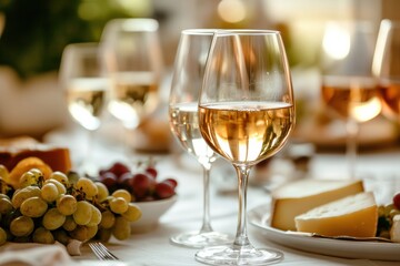 Poster - Elegant dining setup with assorted wine glasses, cheese platter, and fresh fruit for a delightful gathering. Generative AI