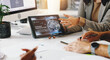 © peopleimages.com - Business people, hands and tablet screen with UI for AI software or user friendly interface. Closeup, web designer or employees with technology display for global network, UX or customer experience