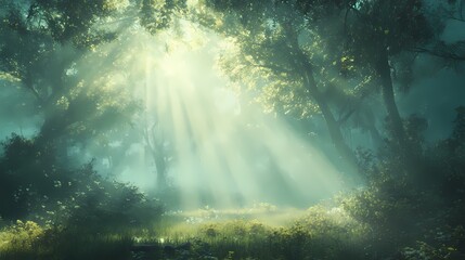 Wall Mural - Light rays shining through a misty forest, creating an ethereal atmosphere