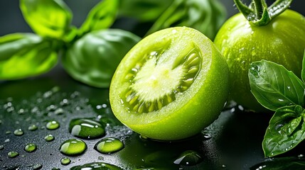 Fresh green tomatoes sliced, surrounded by vibrant basil leaves and glistening water droplets, showcasing a combination of colors and textures.