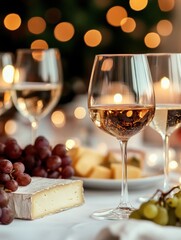 Poster - Elegant table setting with wine glasses, cheese platter, and grapes for a cozy evening gathering. Generative AI