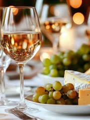 Poster - Elegant dining table setting with wine glasses, cheese platter, and fresh grapes for a fine gathering. Generative AI