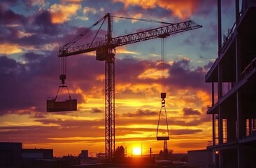 Wall Mural - A tower crane is lifting building materials at sunset, with the sky painted in vibrant hues of orange and purple.