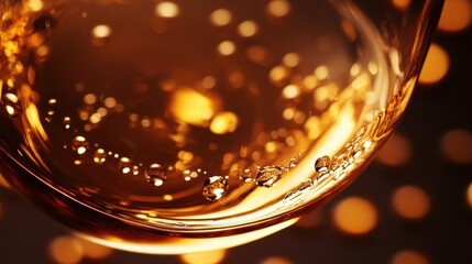 Poster - Sparkling bubbles in a glass of golden liquid under warm, glowing lights at an evening gathering. Generative AI