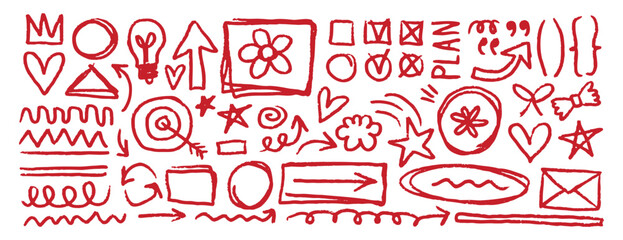 Poster - Red underline doodle pencil hand drawn elements set. Grunge line ellipses, punctuation marks, direction pointers, arrows, stars, question mark. 