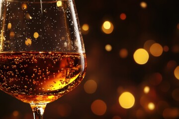 Aufkleber - Bubbles rise in a sparkling glass with warm, golden hues creating a festive atmosphere for celebration. Generative AI