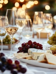 Poster - Elegant dining setup with wine glasses, cheese platter, and fresh grapes for a festive evening gathering. Generative AI